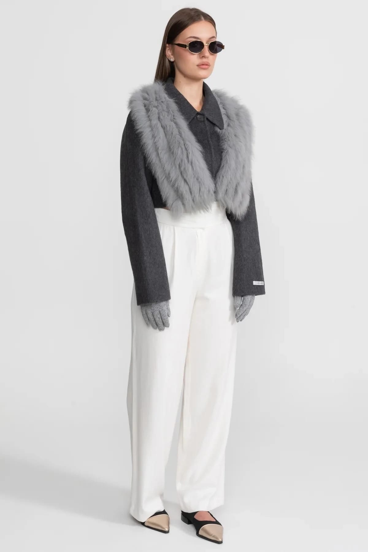 Cropped Jacket with Fur Trim - Gray
