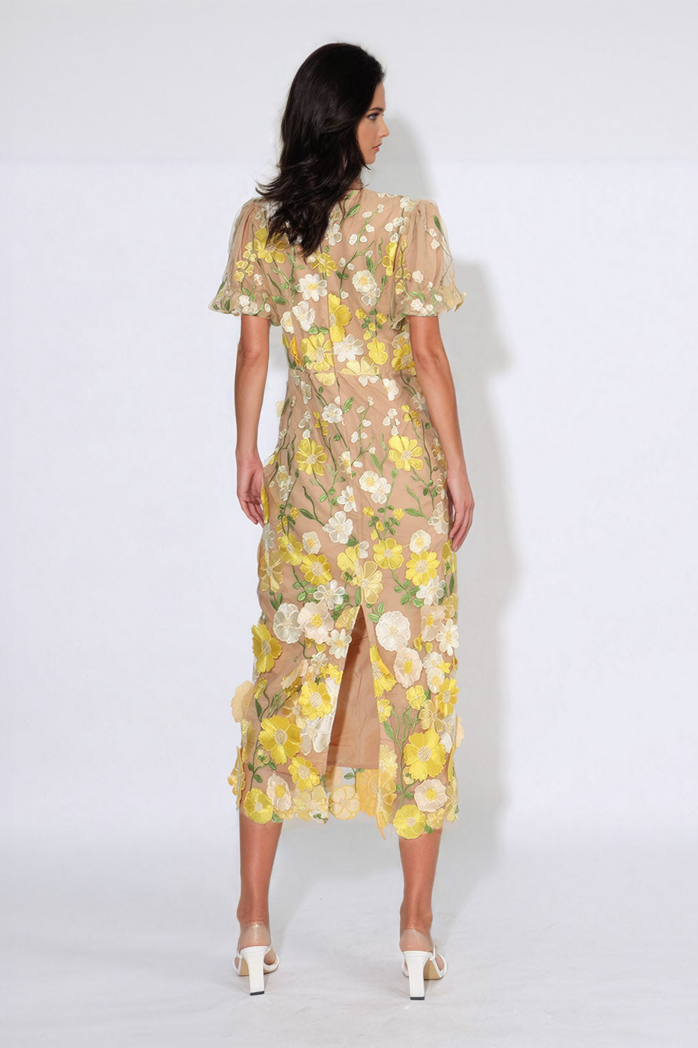 Floral Midi Dress with Back Slit - Yellow