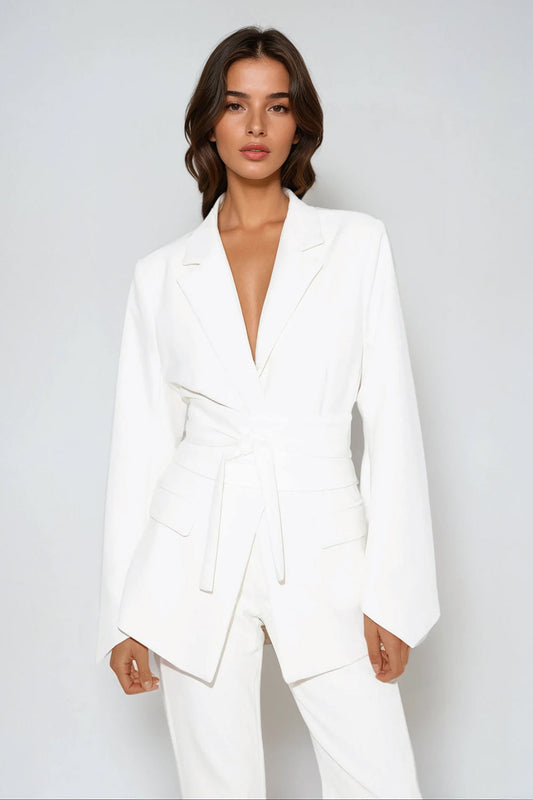 Single-Breasted Belted Blazer with Flared Sleeves - White