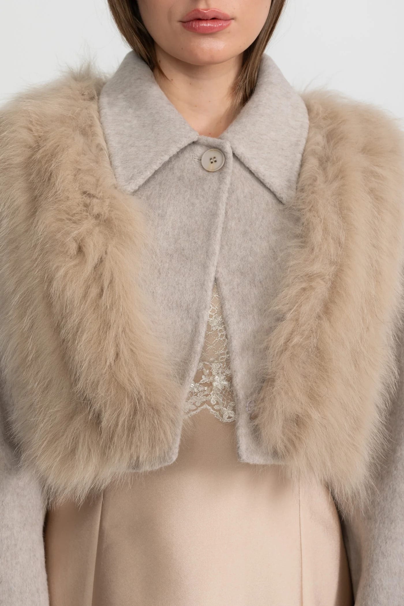 Cropped Jacket with Fur Trim - Beige