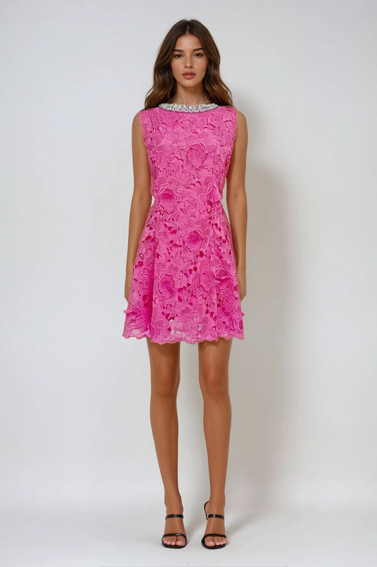 Sleeveless Mini Dress with Embellished Neckline - Pink