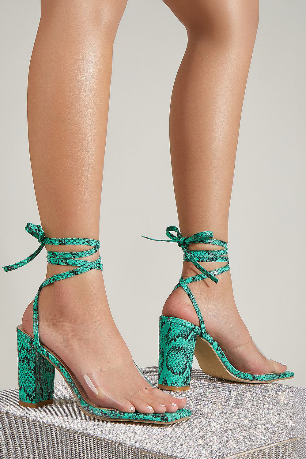 Block Heel Sandals with Lace-Up Strap and Clear Upper - Green