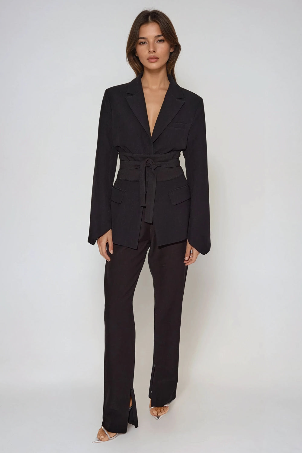 Single-Breasted Belted Blazer with Flared Sleeves - Black