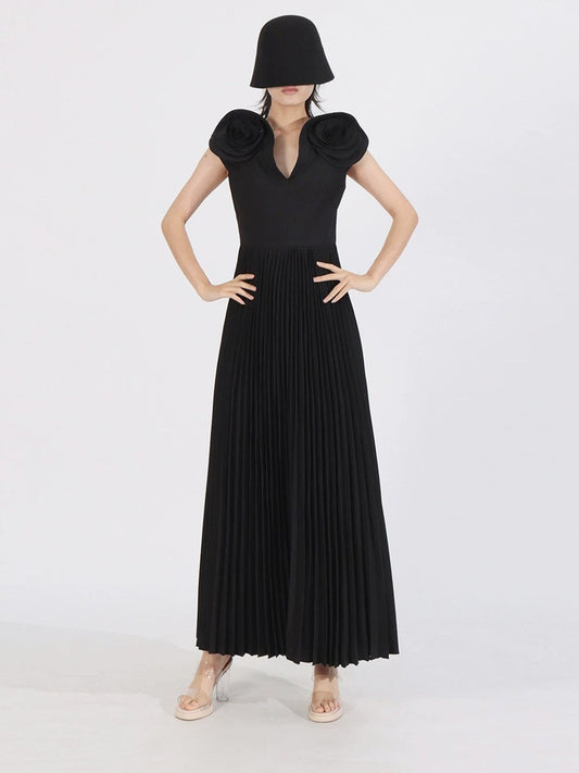 Pleated Maxi Dress with Shoulder Rosettes - Black