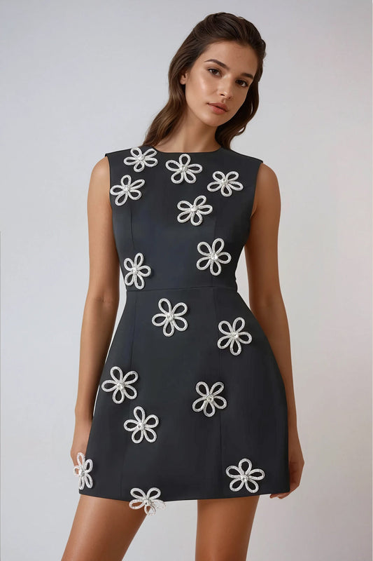 Mini Dress with 3D Floral Accents - Black