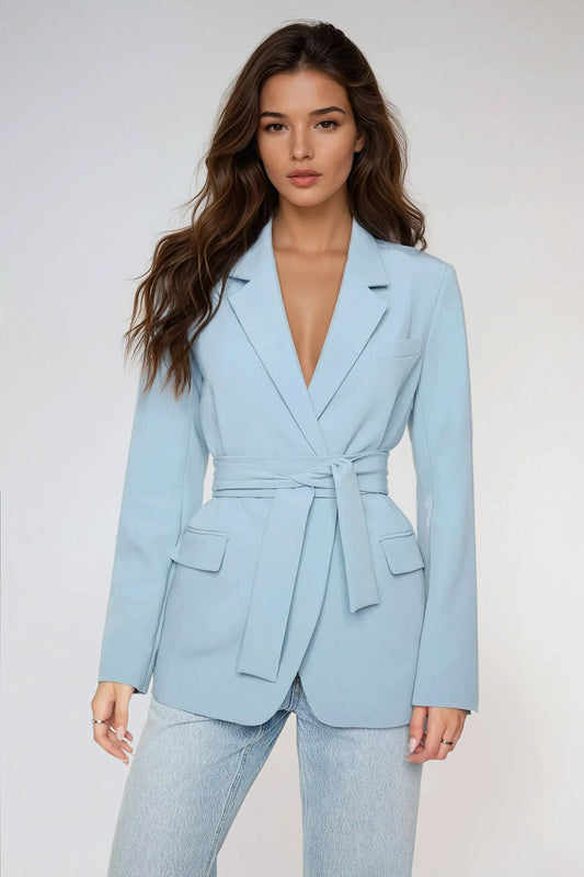 Single-Breasted Belted Blazer with Flared Sleeves - Blue