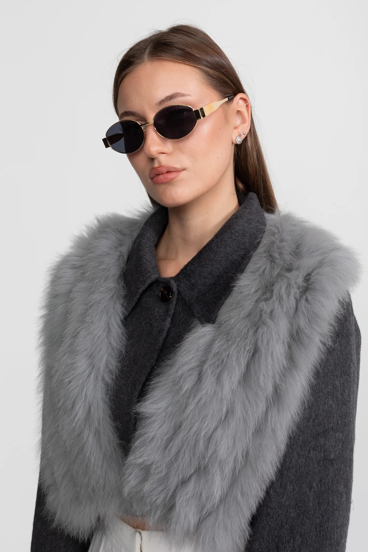 Cropped Jacket with Fur Trim - Gray
