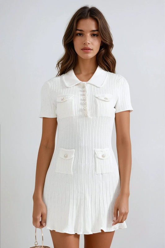 Knitted Diamond Studded Mini Dress - White
