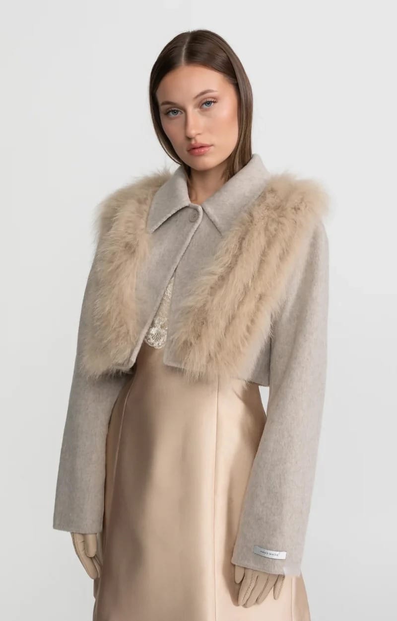 Cropped Jacket with Fur Trim - Beige