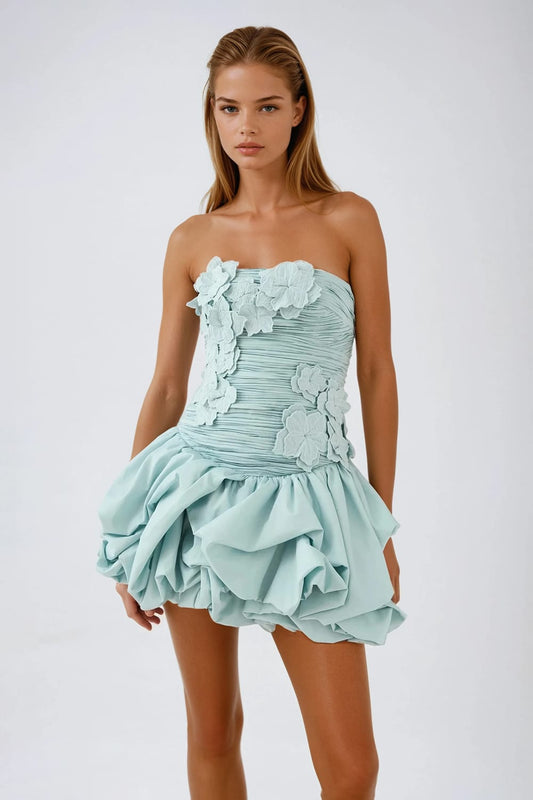 Strapless Mini Dress with 3D Floral Details - Green
