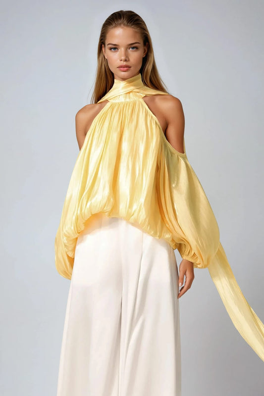 Halter Top with Draped Sleeves and Tie Back - Yellow