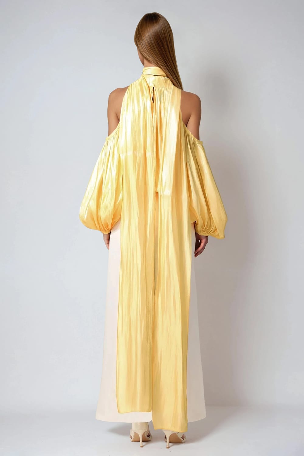 Halter Top with Draped Sleeves and Tie Back - Yellow