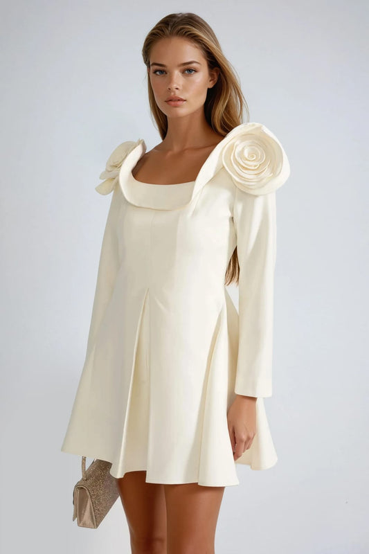 Long Sleeve Mini Dress with Shoulder Rosettes - Apricot