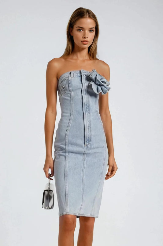 Strapless Denim Midi Dress with Floral Detail - Blue