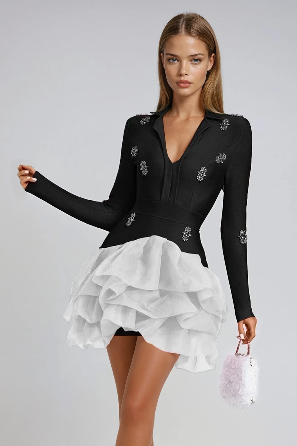 Long Sleeve Mini Dress with Layered Skirt and Embellished Details - Black
