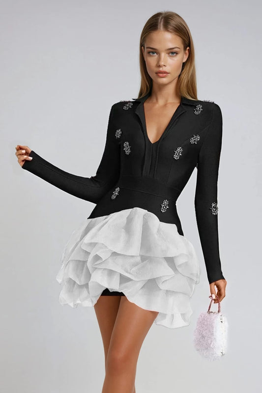 Long Sleeve Mini Dress with Layered Skirt and Embellished Details - Black