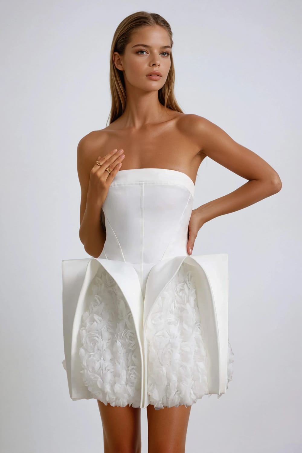 Strapless Mini Dress with 3D Rosette Skirt - White