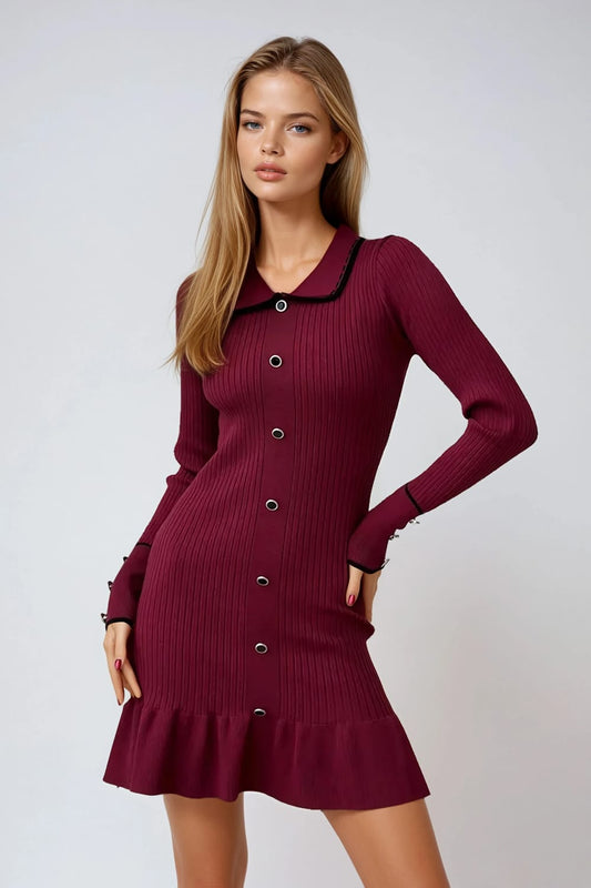 Mini Dress with Contrast Collar and Ruffled Hem - Red