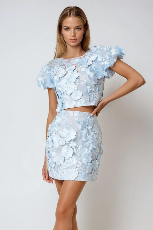 Two-Piece Set with Puff Sleeve Crop Top and 3D Floral Mini Skirt - Blue