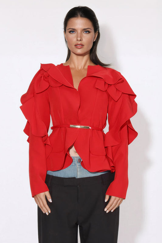 Ruffled Cardigan with Belt Accent - Red