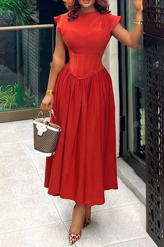 Structured Corset Midi Dress with Cap Sleeves