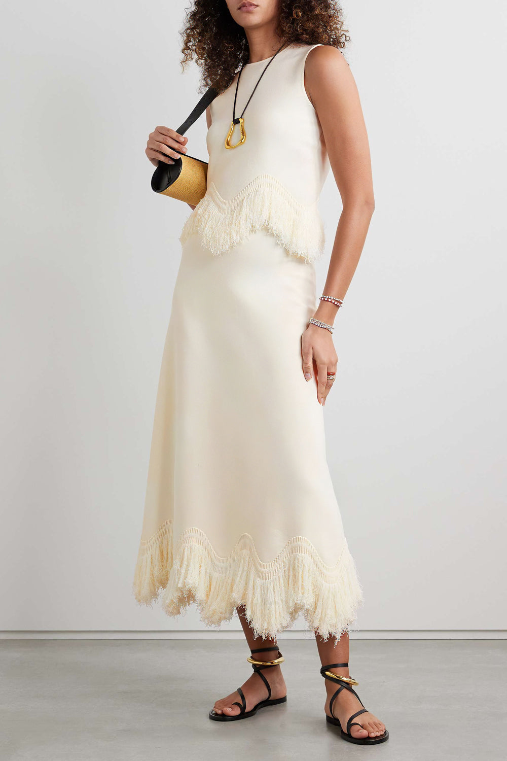 Sleeveless Fringe-Trimmed Midi Dress
