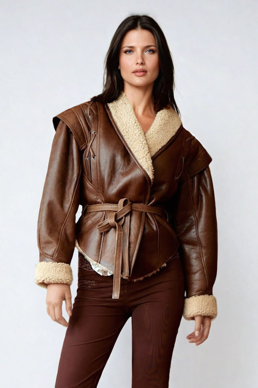 Leather Jacket with Collar and Lace-Up Detail - Brown