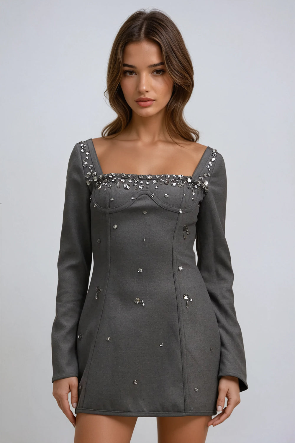 Long Sleeve Embellished Square Neck Mini Dress - Black
