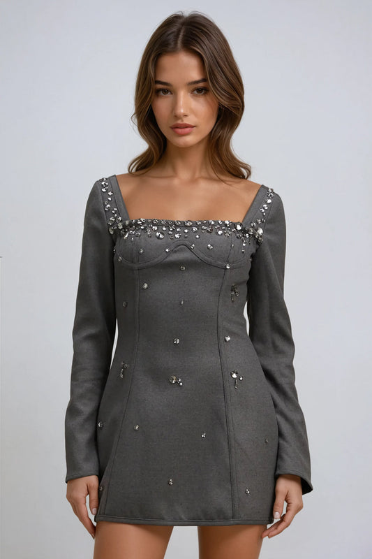 Long Sleeve Embellished Square Neck Mini Dress - Black