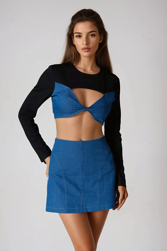 Two-Piece Set with Long-Sleeve Crop Top and Mini Skirt - Blue