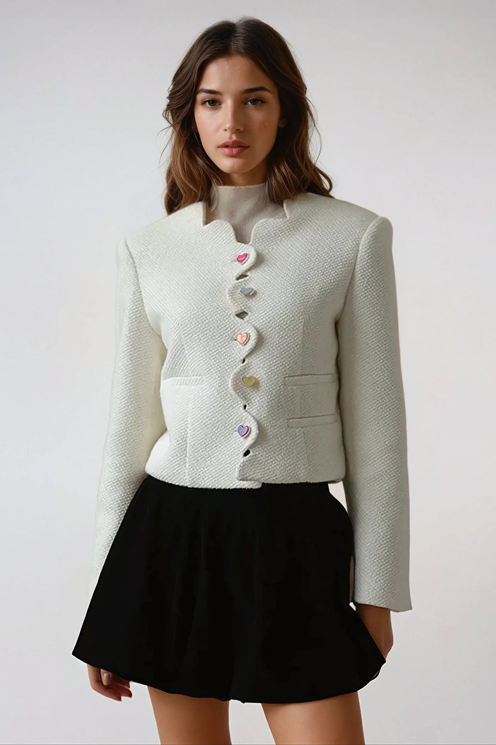 Cropped Jacket with Scalloped Edge and Heart-Shaped Buttons - White