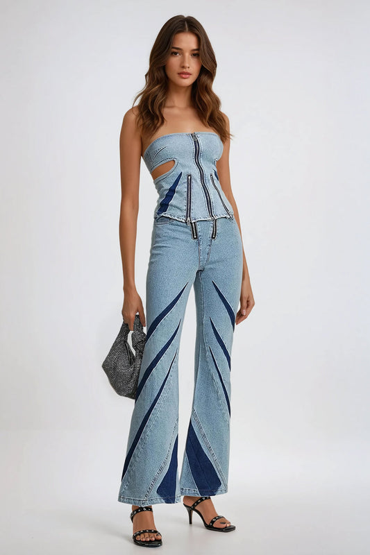 Two-Piece Set with Denim Strapless Top and Flared Pants - Blue
