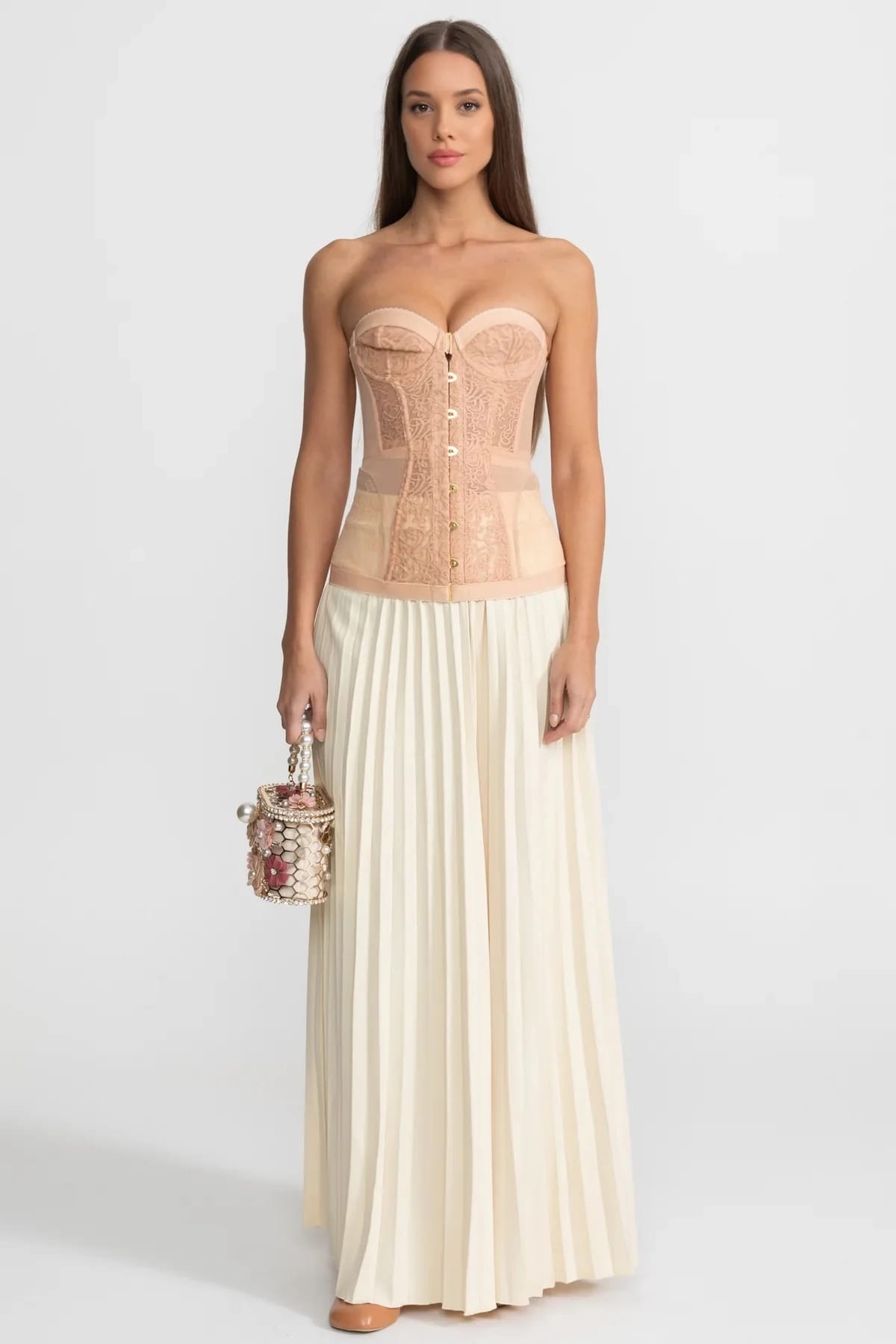 Strapless Corset Top with Lace Embroidery - Beige