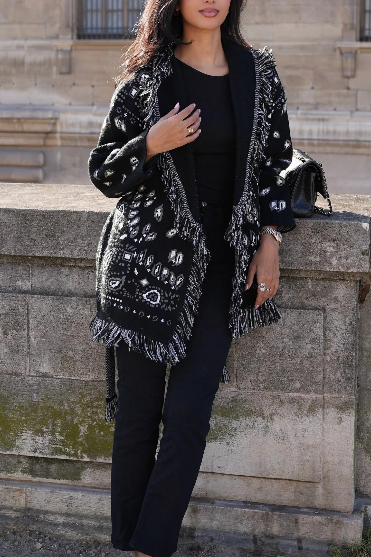 Fringed Belted Coat with Western-Inspired Pattern - Black