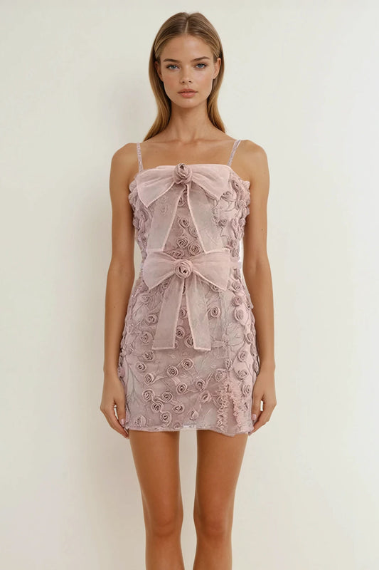Mini Dress with Rosette Embellishments and Sheer Bows - Beige
