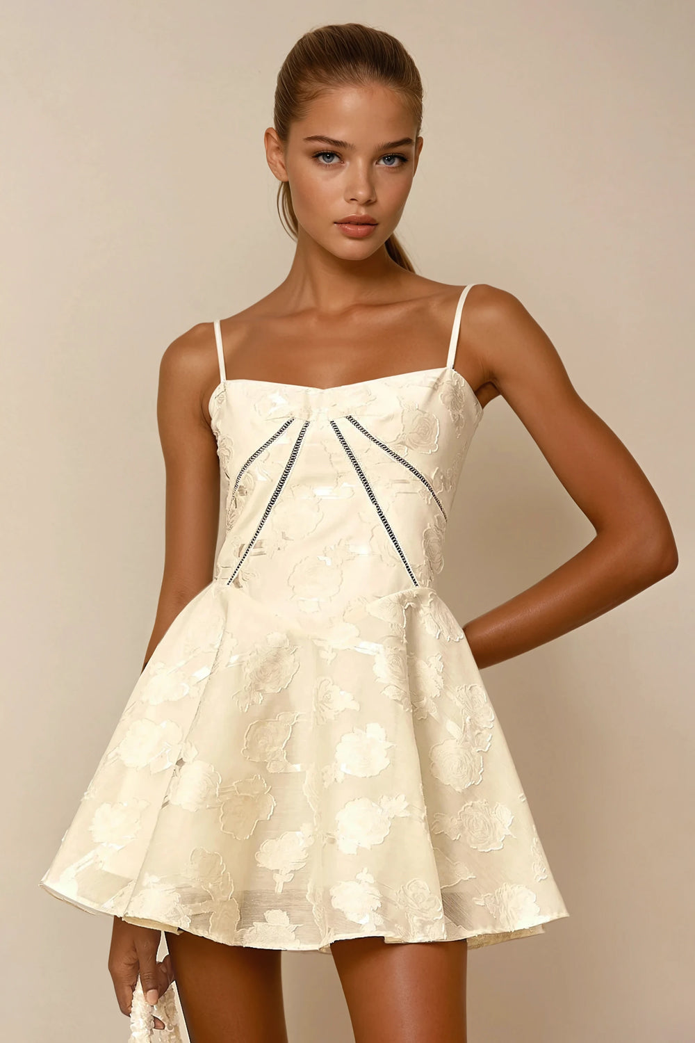 Mini Dress with Lace-Up Back and Flared Skirt - White