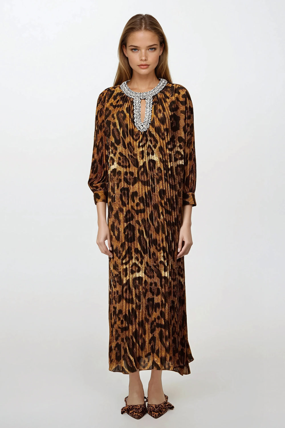 Embellished Pleated Maxi Dress with Keyhole Detail - Dark Brown