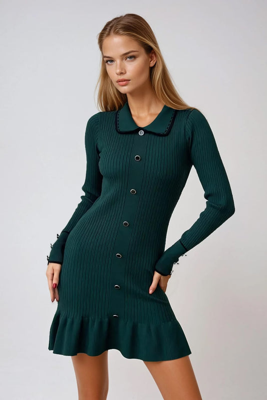 Mini Dress with Contrast Collar and Ruffled Hem - Green