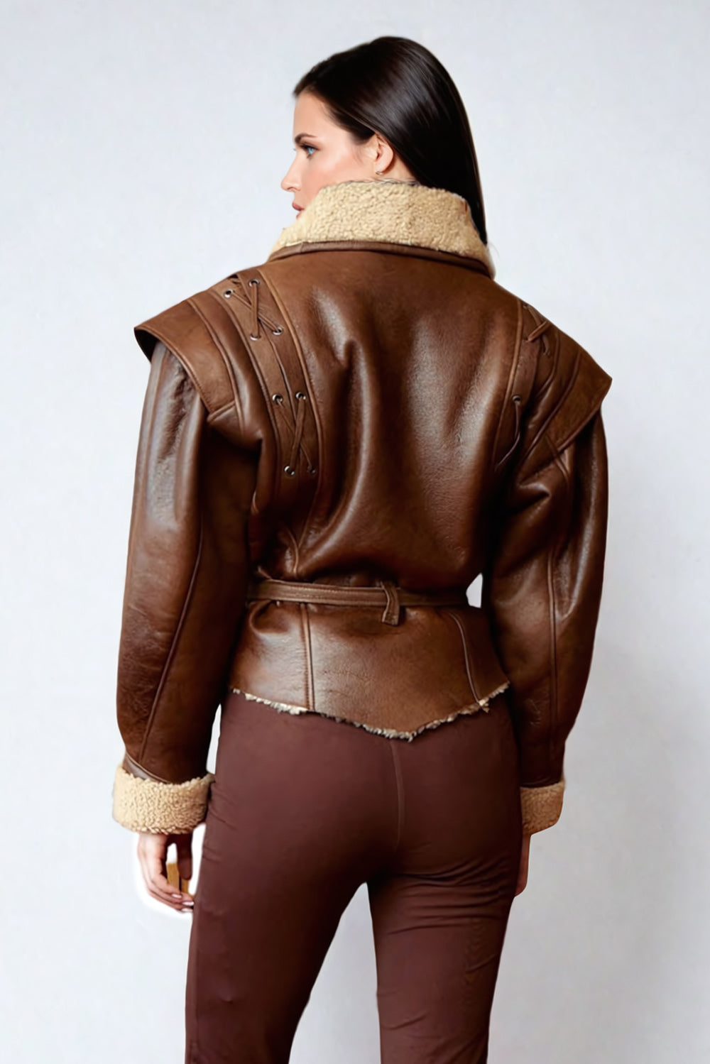 Leather Jacket with Collar and Lace-Up Detail - Brown