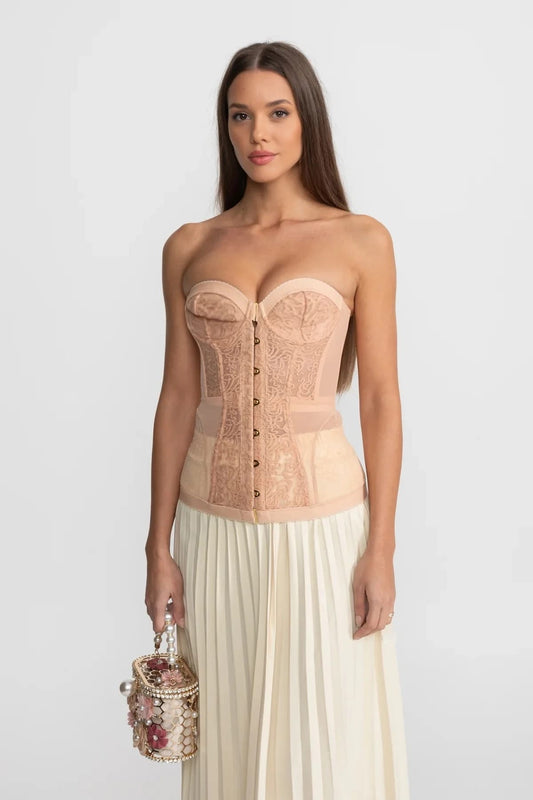 Strapless Corset Top with Lace Embroidery - Beige