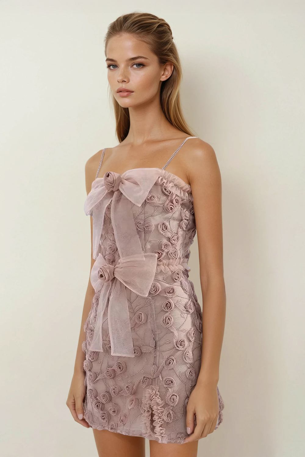 Mini Dress with Rosette Embellishments and Sheer Bows - Beige