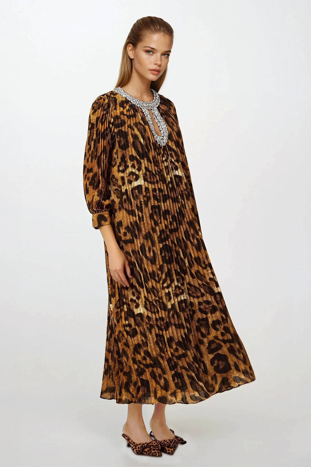 Embellished Pleated Maxi Dress with Keyhole Detail - Dark Brown
