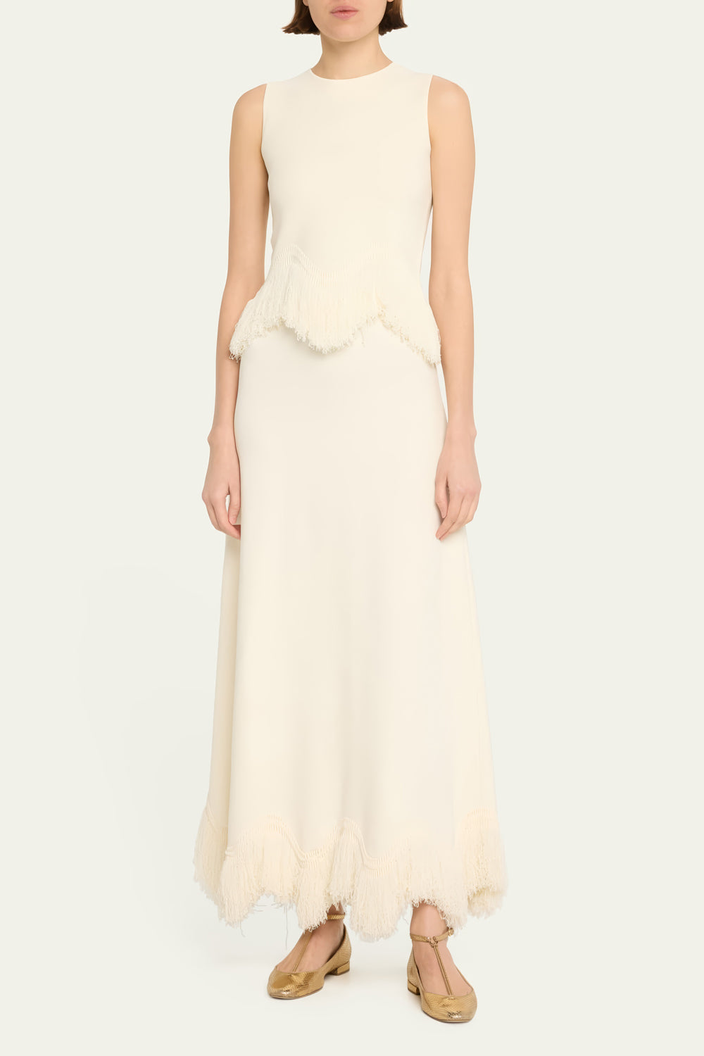Sleeveless Fringe-Trimmed Midi Dress