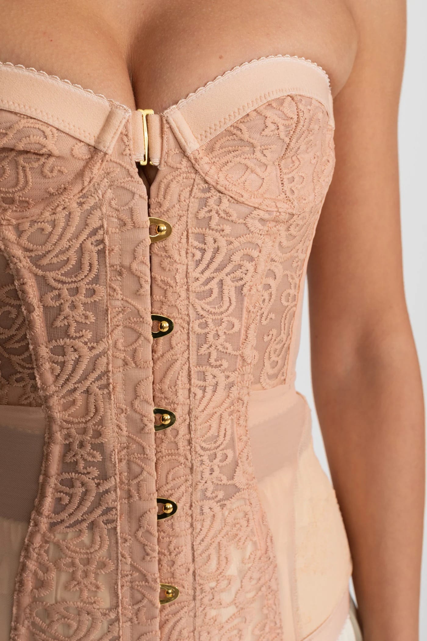 Strapless Corset Top with Lace Embroidery - Beige