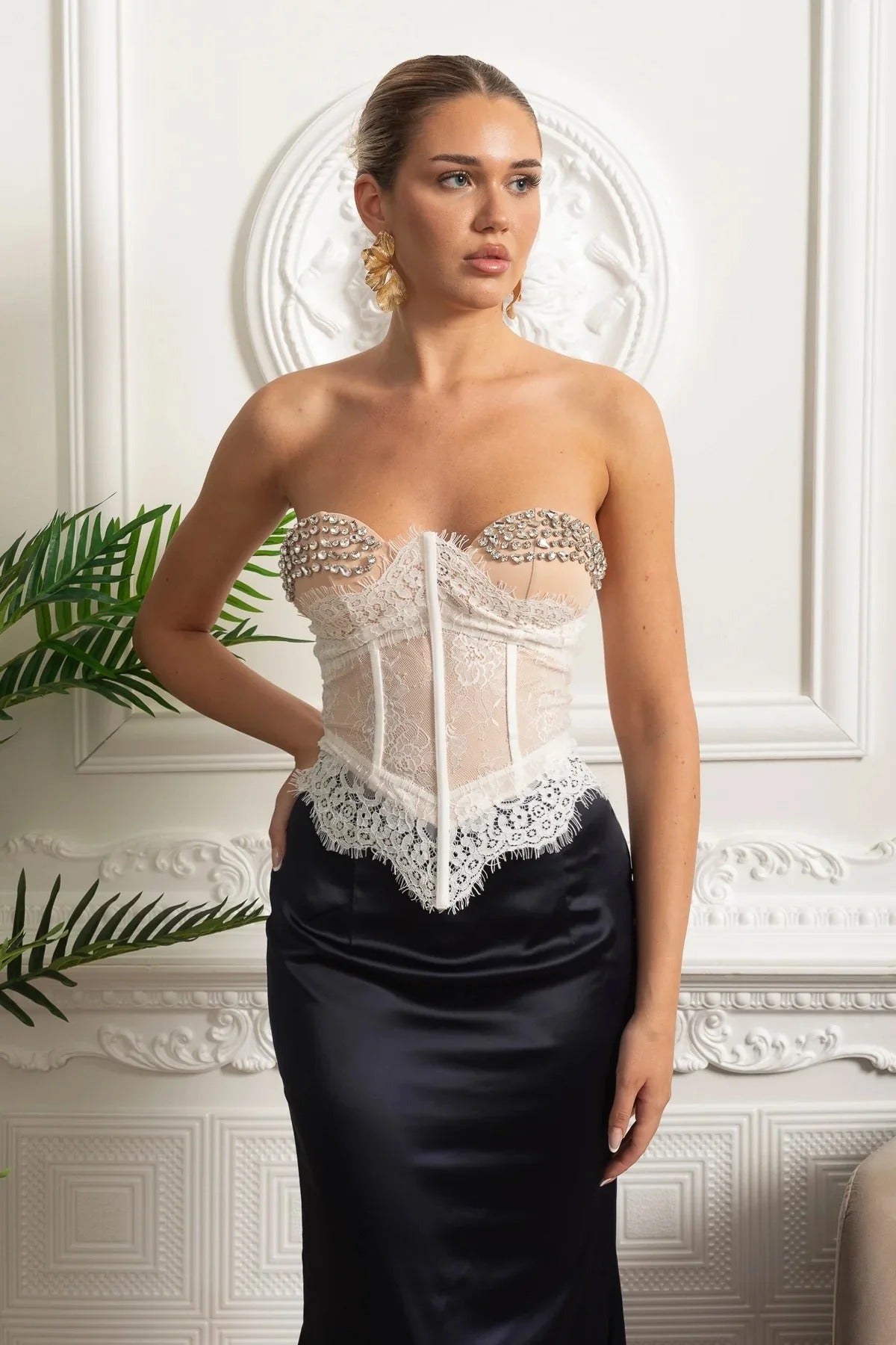 Lace Corset Top With Crystal Trim and Satin Waist Detail - White