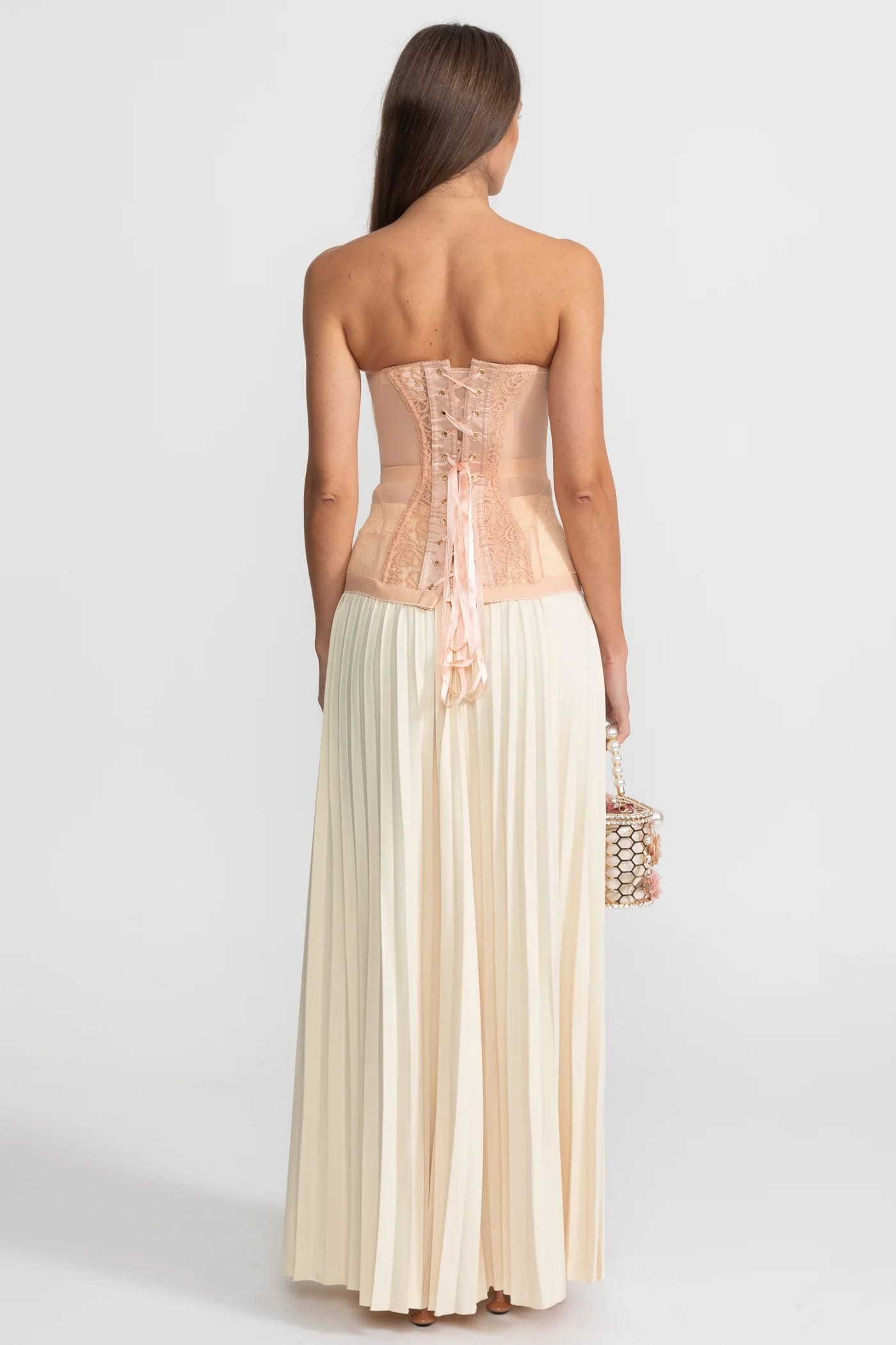 Strapless Corset Top with Lace Embroidery - Beige