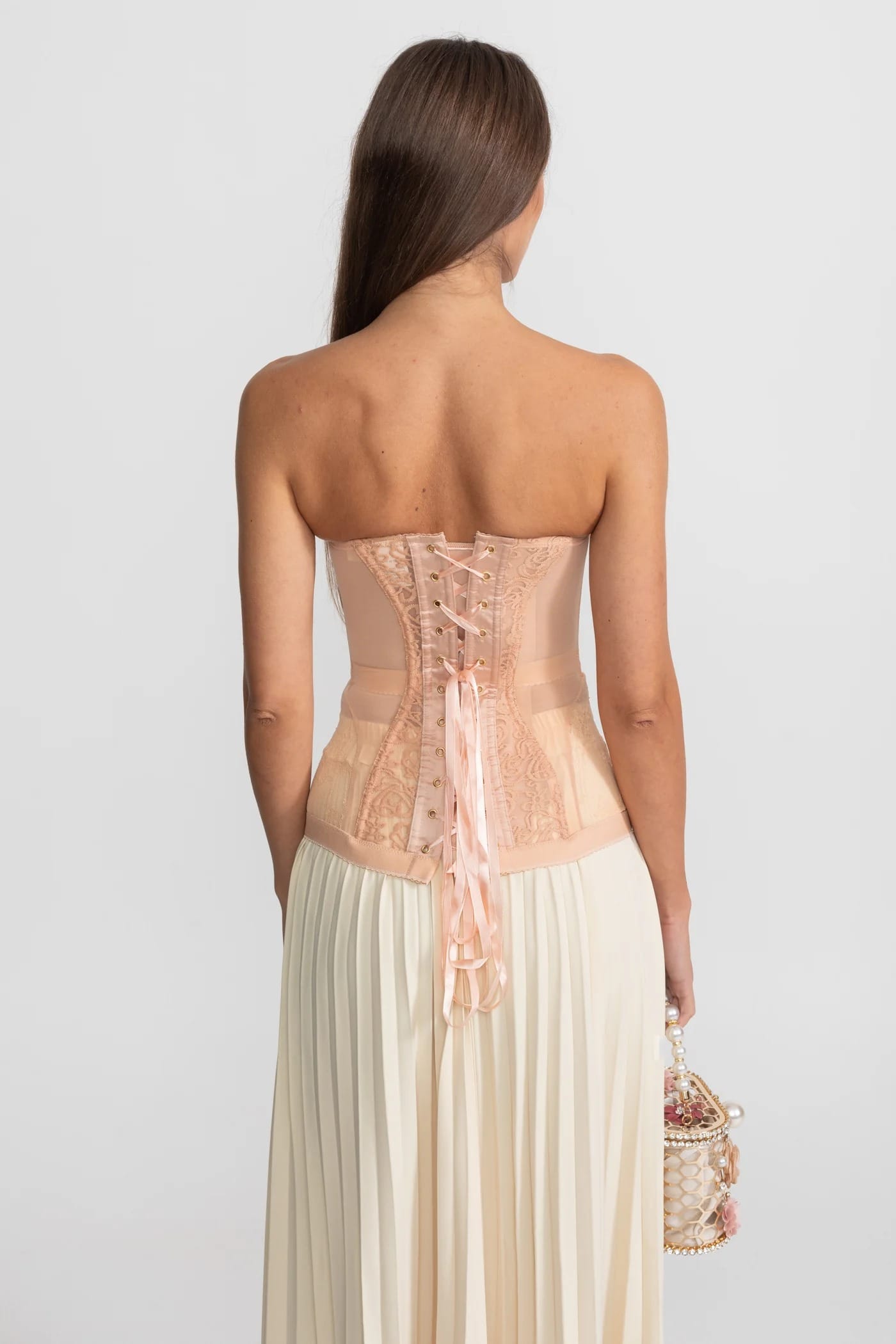 Strapless Corset Top with Lace Embroidery - Beige