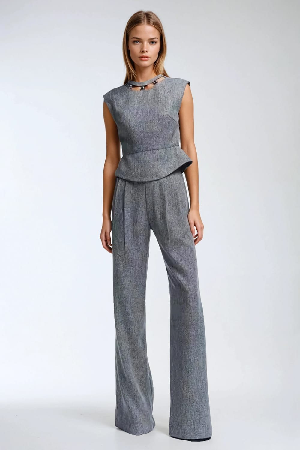 Two-Piece Set with Sleeveless Peplum Top and Wide-Leg Trousers - Gray