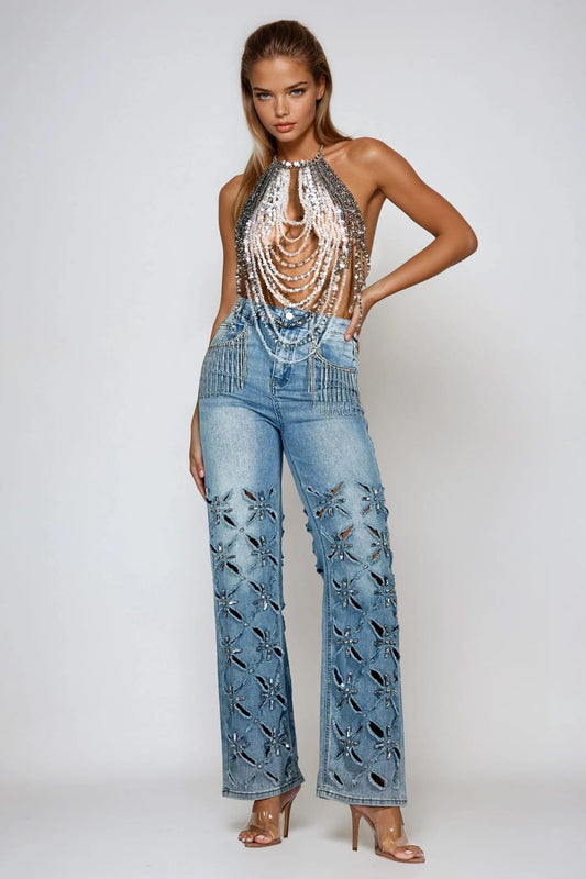 Denim Jeans with Cut-Out Detailing and Beaded Fringe - Blue
