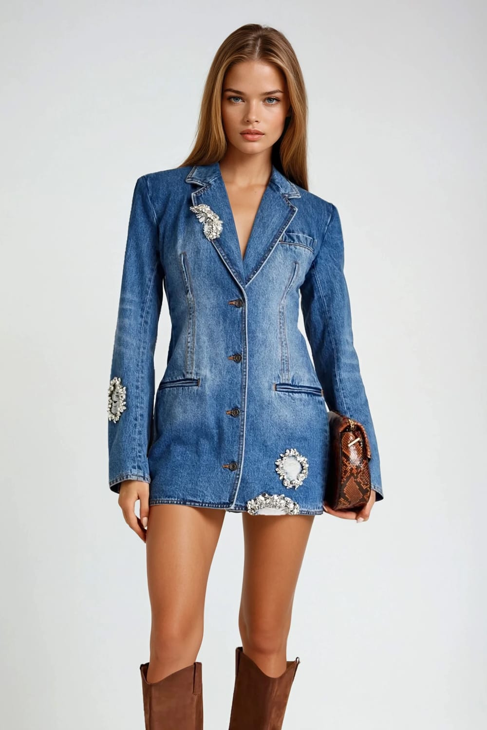 Denim Embellished Blazer Style Mini Dress with Cut-Out Back - Blue